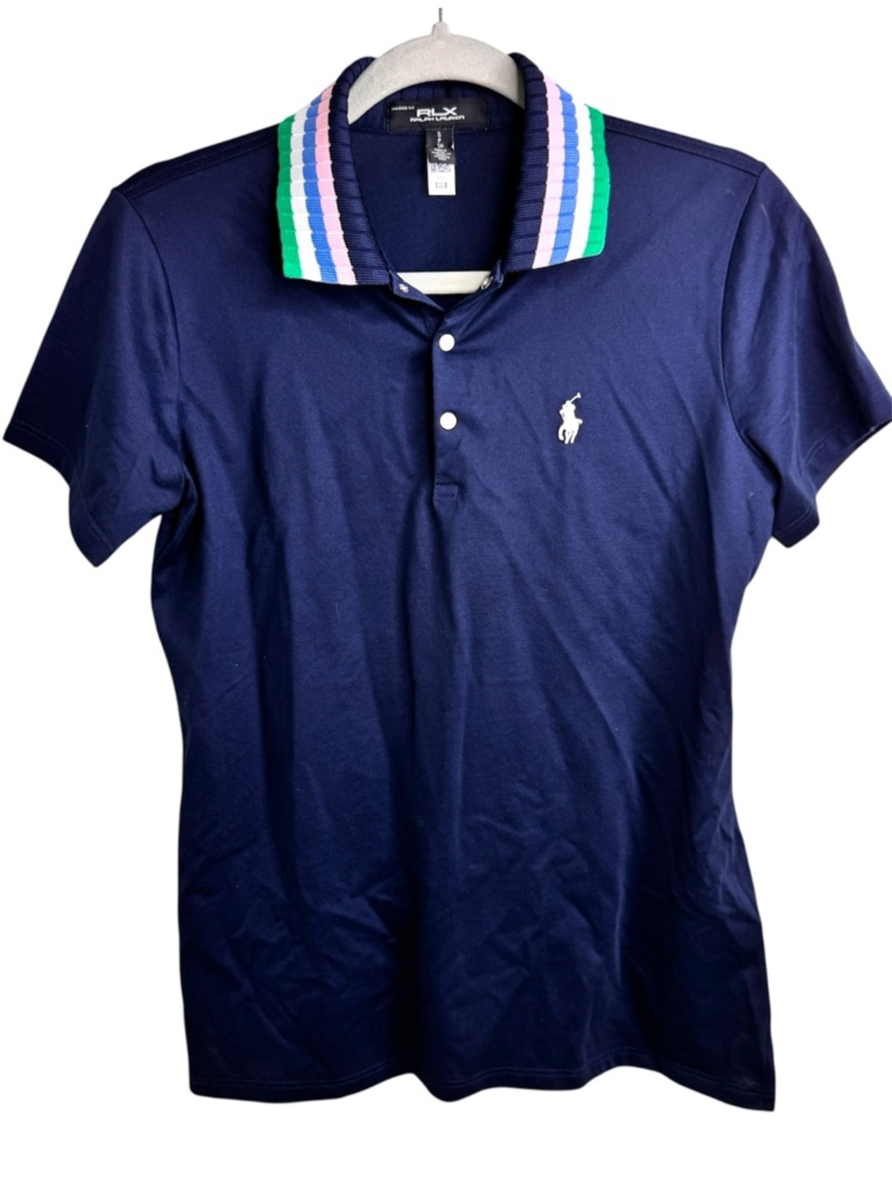 Ralph Lauren RLX Golf Navy Polo Ribbed Knit Striped Collar Tennis Prep
